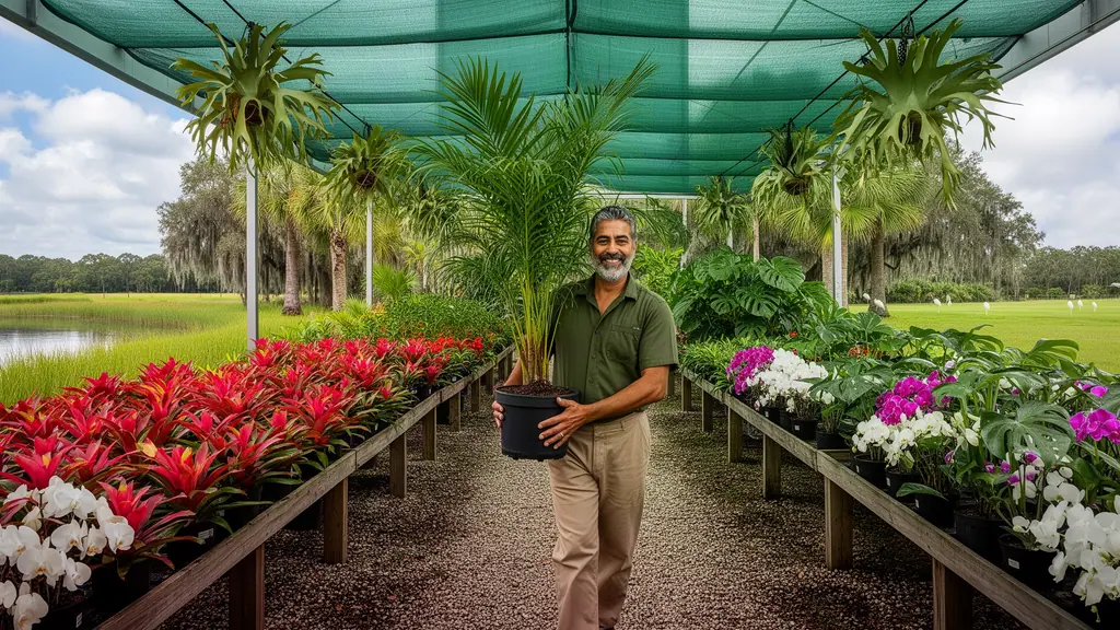 Nursery owner carrying a potted palm through a shade house of bromeliads, orchids and staghorn ferns